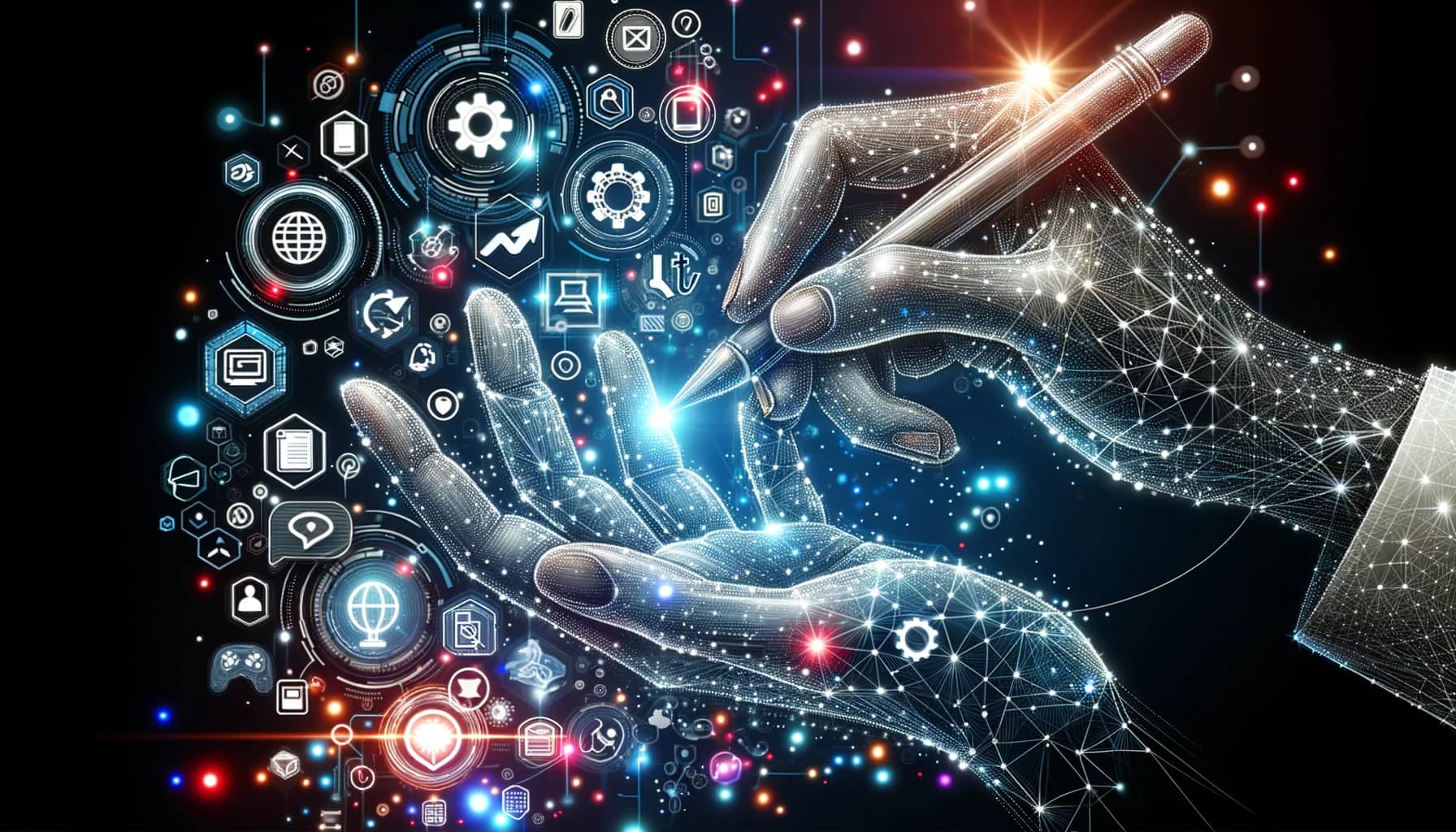 DALL·E 2023 10 17 15.59.36 Illustration Ein fein detailliertes futuristisches Design das eine Hand zeigt die aus dem Bildschirm herausreicht und einen digitalen Stift haelt. - Schemmick IT Service - 23
