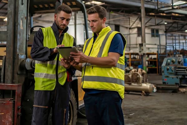 Betriebsdatenerfassung in der Werkstatt: zwei Mitarbeiter prüfen Auftragsdaten am Tablet