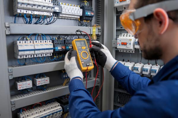 Techniker prüft einen Schaltschrank mit dem Multimeter: Qualitätssicherung im Sondermaschinenbau