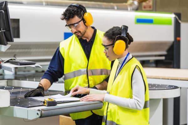 Produktionsplanung im Betrieb: zwei Mitarbeitende stimmen sich an der Maschine ab