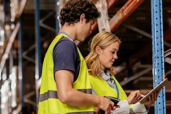 Auftragsverwaltung Software im ERP: zwei Mitarbeitende gleichen Auftragsunterlagen im Lager ab