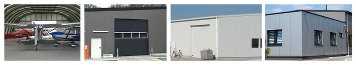 Collage mit 4 verschiedenen Referenzprojekten von Smit Systemhallen GmbH