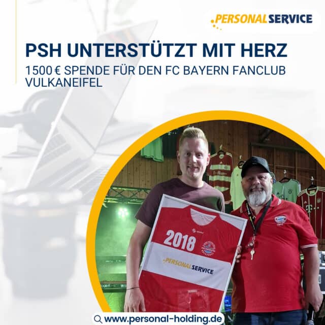 Wir sagen: Danke für die Einladung und die großartige Gemeinschaft!⁠
Zum Jubiläum des FC Bayern München Fanclubs aus der Vulkaneifel haben wir aus unserer Niederlassung Koblenz eine Spende in Höhe von 1.500 € überreicht. 💛❤️⁠
⁠
Das Fest war ein voller Erfolg – und die Freude über die Unterstützung riesig.⁠
Denn: Bei PSH geht es nicht nur um Arbeit, sondern auch um Miteinander. #PSHbedeutetMiteinander⁠
⁠
#PSH #PSHKoblenz #WirSindPSH #Engagement #Vulkaneifel #FanclubSupport #Spende #GemeinsamStark #Fußballliebe #Sozialengagement